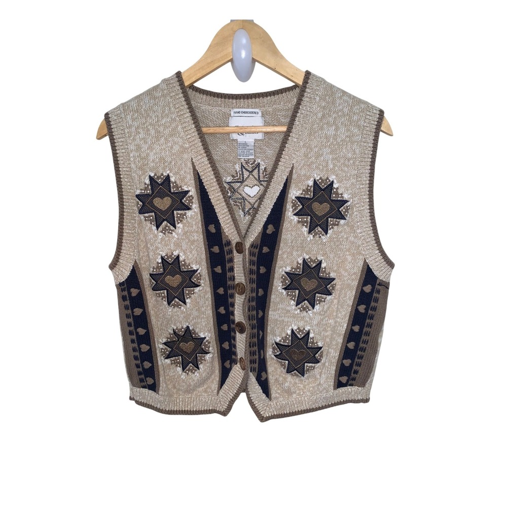 Christopher & Banks Vintage Hand Embroidered Heart Star Knit Sweater Vest Large